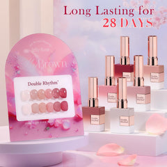 Double Rhythm gel polishes displayed on a manicure station for DIY nails.