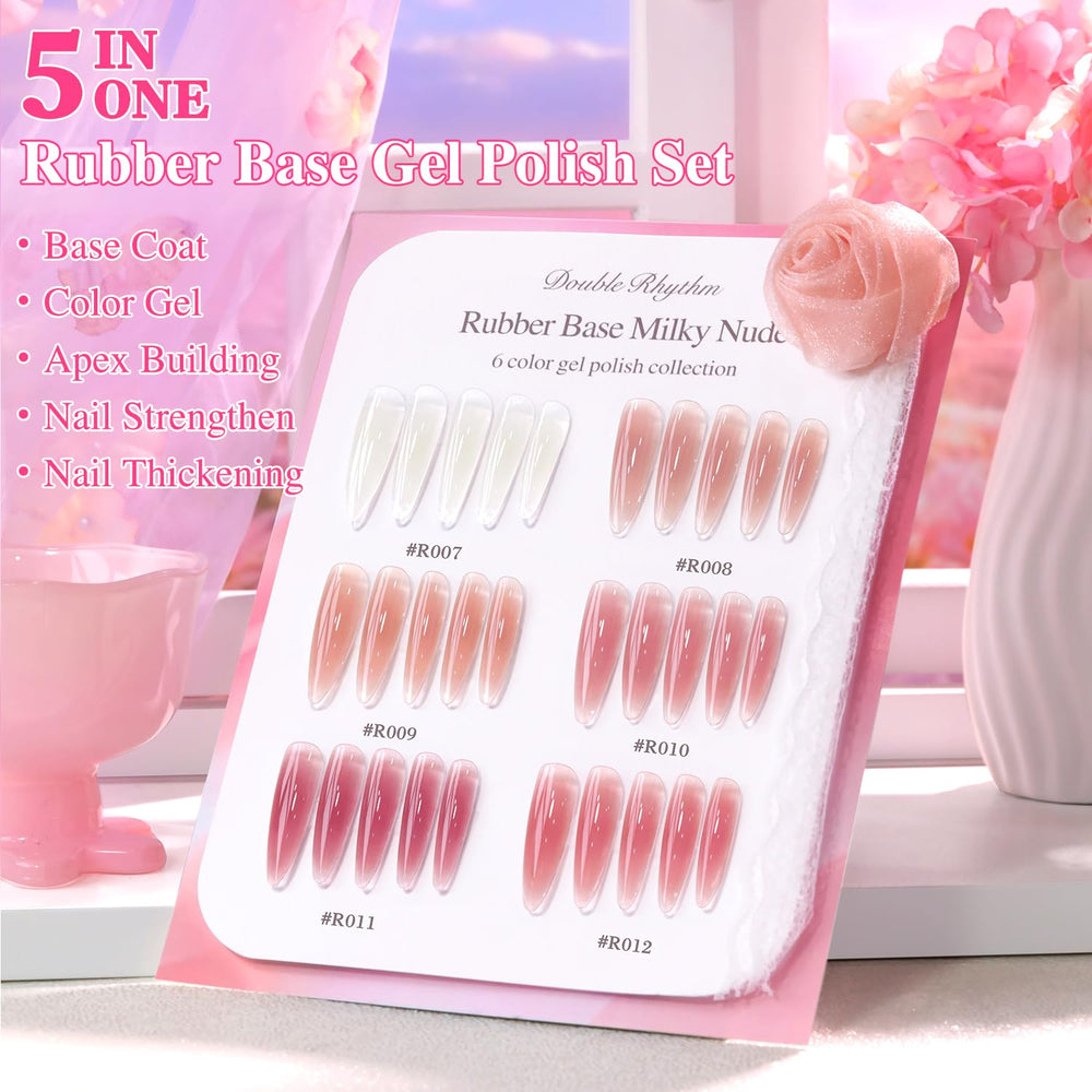 Double Rhythm pink gel polish bottle highlighting quick-drying formula and shine.