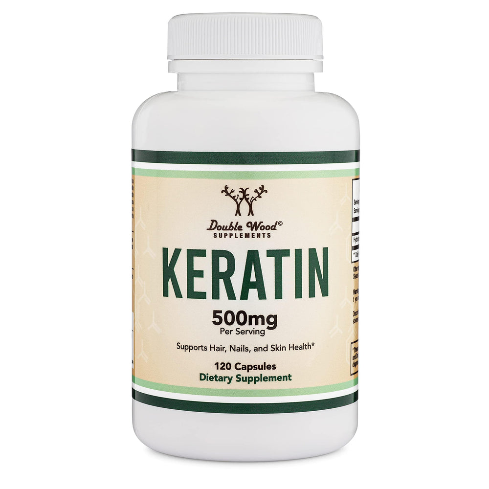 Double Wood Keratin Hair Growth Vitamin on a shelf, suggesting daily use for hair, skin, and nails