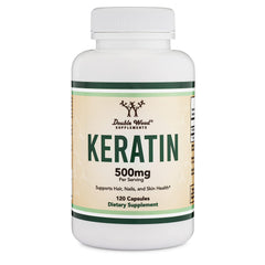 Double Wood Keratin Hair Growth Vitamin on a shelf, suggesting daily use for hair, skin, and nails