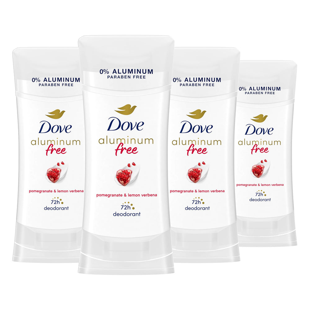 Dove 0% aluminum deodorant stick with pomegranate lemon verbena for gentle odor protection.