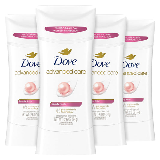 Dove Advanced Care Beauty Finish stick packaging for a four-count box.