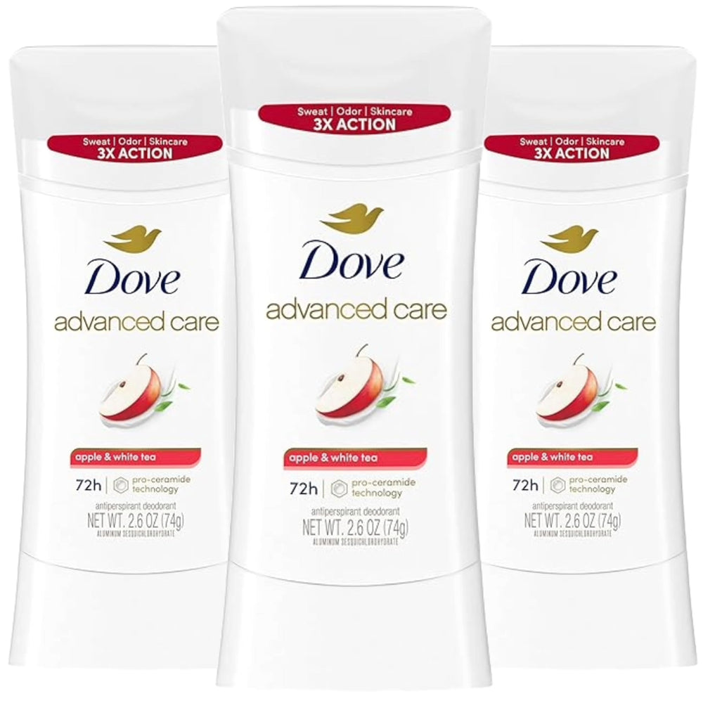 Dove Advanced Care Apple & White Tea deodorant stick for all-day freshness.