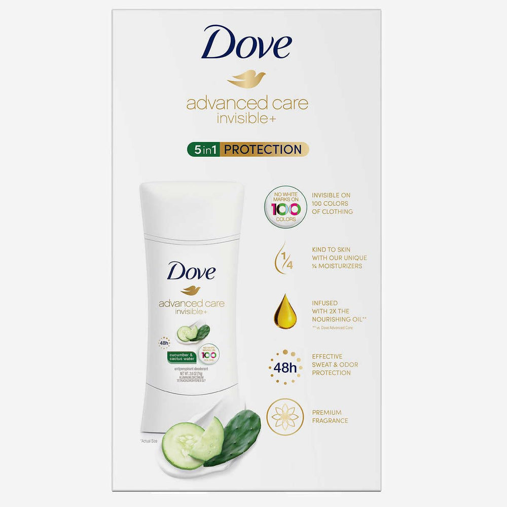 Dove Advanced Care Invisible+ packaging box showing discreet, travel-friendly design
