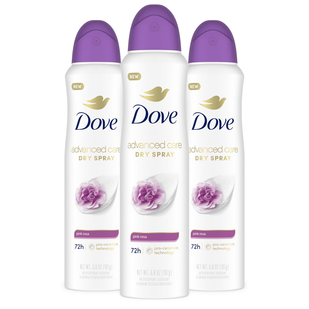 Dove Advanced Care Pink Rosa spray bottle front view for all-day freshness.