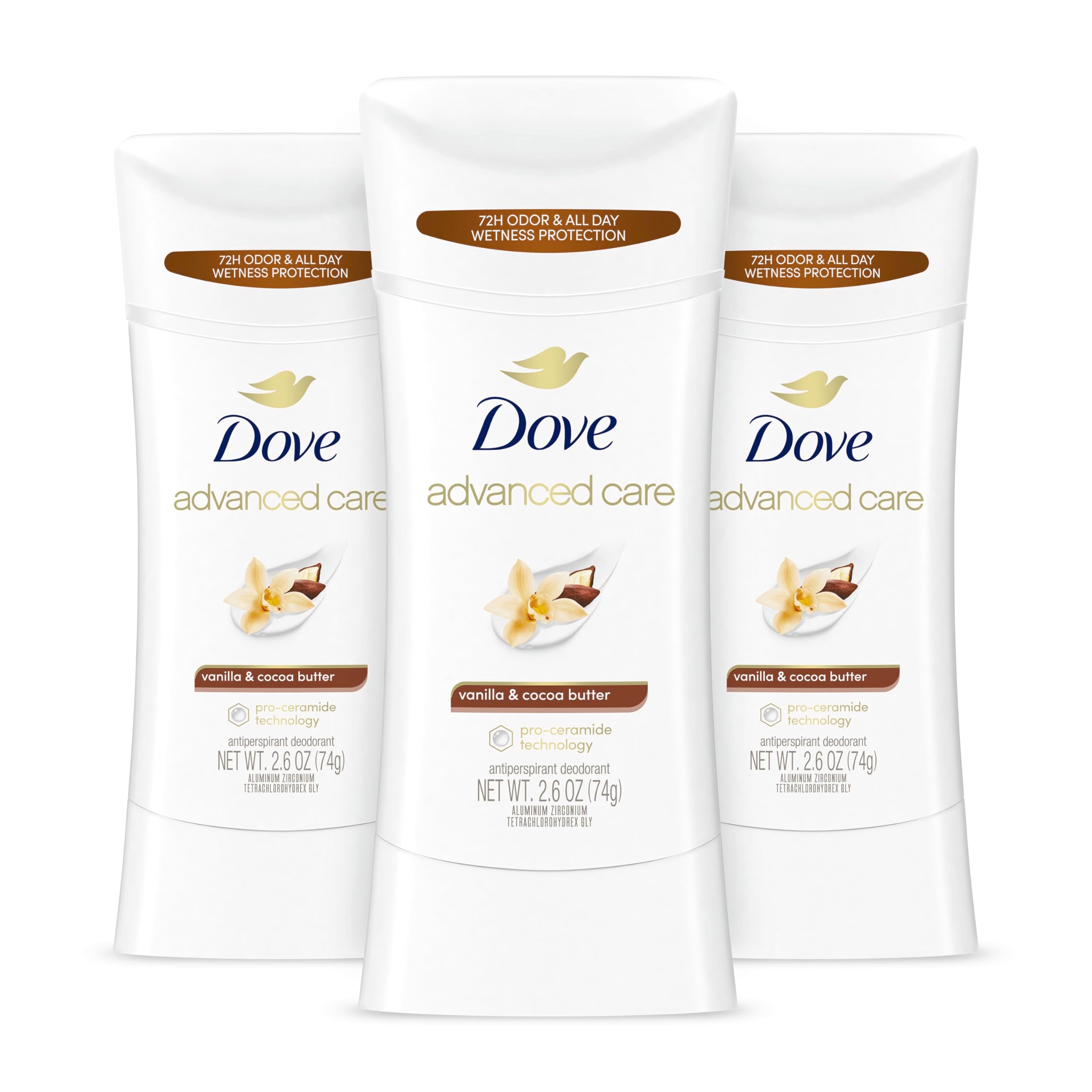 Dove Advanced Care Vanilla & Cocoa Butter stick front view for daily odor and sweat protection