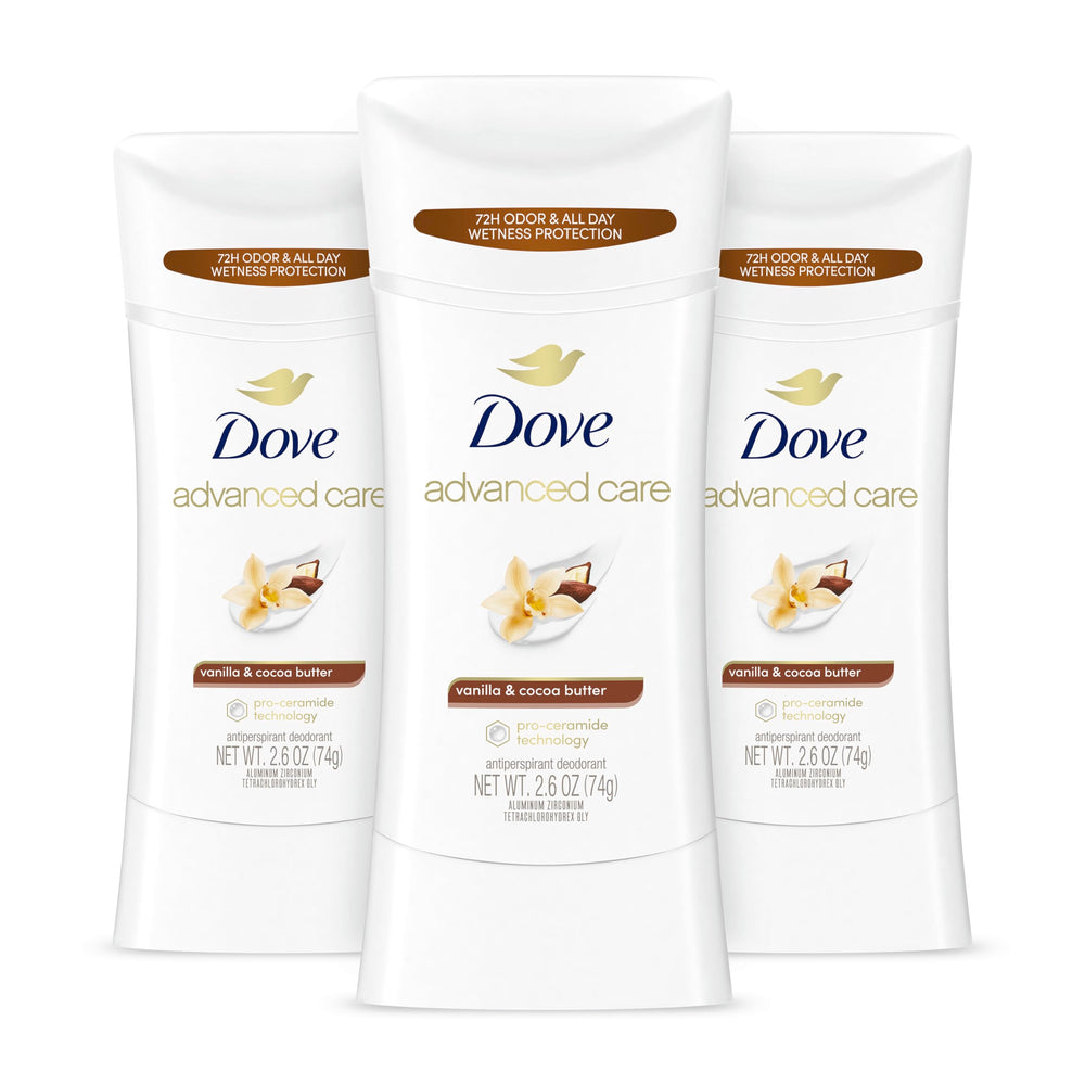 Dove Advanced Care Vanilla & Cocoa Butter stick front view for daily odor and sweat protection