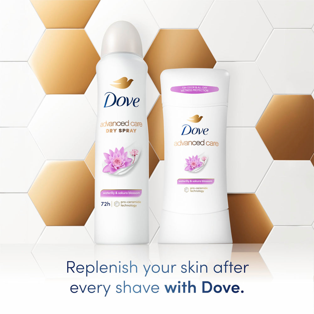 Dove Advanced Care Waterlily & Sakura Blossom mist used after shaving for a calming feel.