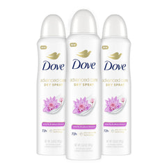 Dove Advanced Care Waterlily & Sakura Blossom spray underarm application for refreshed, soft skin.