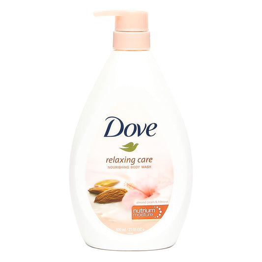 Dove Almond & Hibiscus body wash bottle with pump for nourishing cleanse.