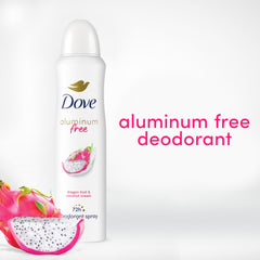 Dove 4 oz aluminum-free spray highlights underarm care and quick-dry application.