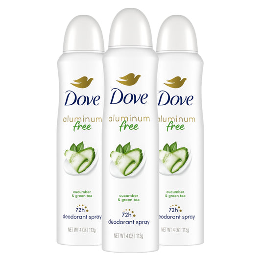 Dove aluminum-free deodorant spray cucumber green tea bottle close-up showing 48h protection