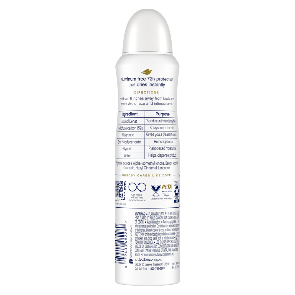 Dove aluminum-free deodorant spray can demonstrates easy, quick-dry application