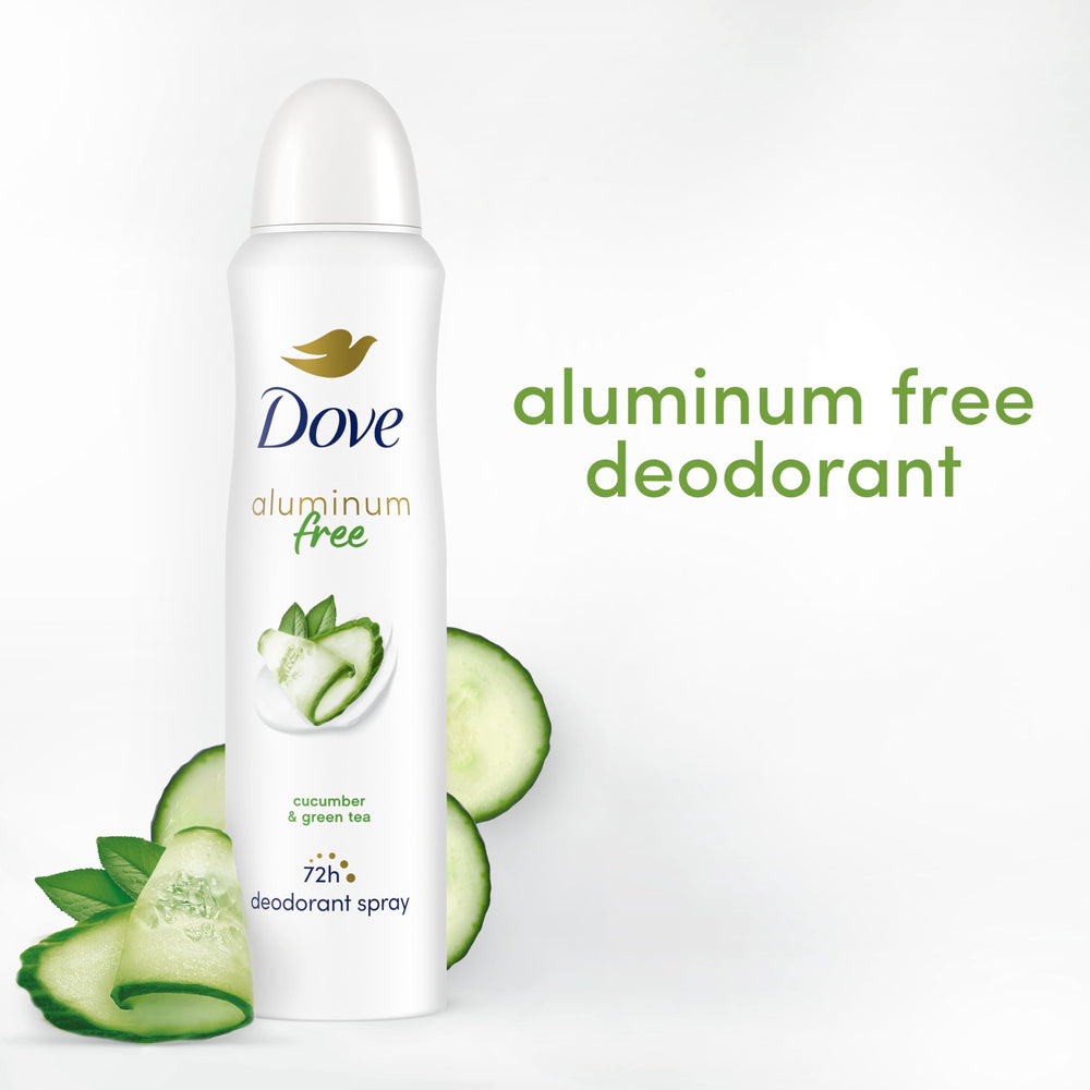 Dove aluminum-free deodorant spray in bright bathroom setting with packaging