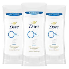 Dove aluminum-free deodorant for women stick in a 3-count pack, gentle on sensitive skin.