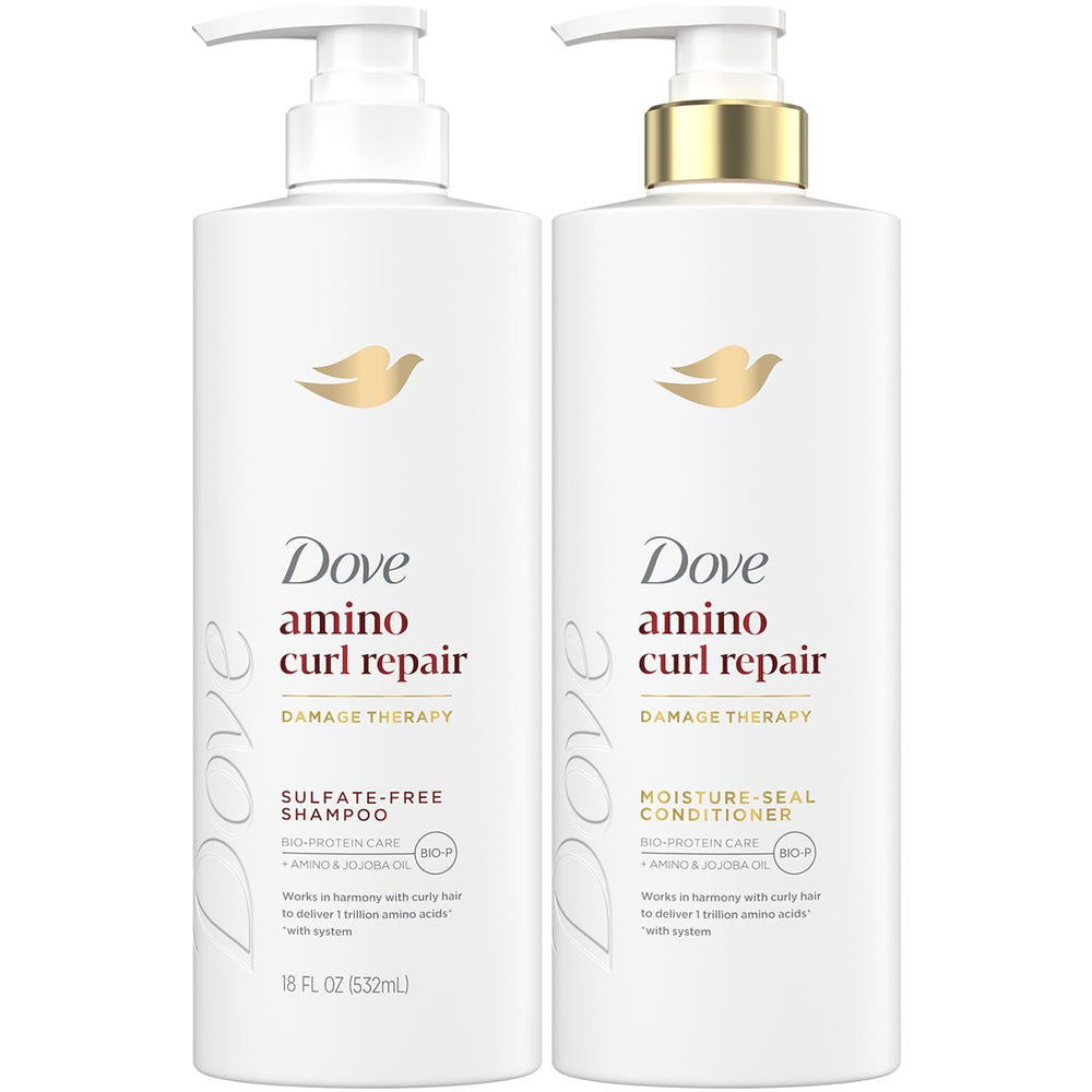 Dove Amino Curl Repair Shampoo bottle showcases curl-definition friendly formula.