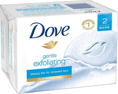 Dove Beauty Bar Gentle Exfoliating packaging shows a 3-pack display for daily cleansing