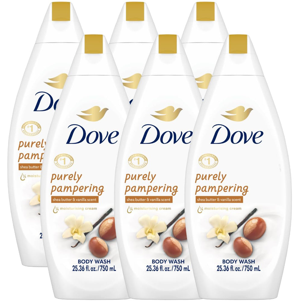 Dove body wash 6-pack bottle-front-label showcases calming vanilla-shea scent