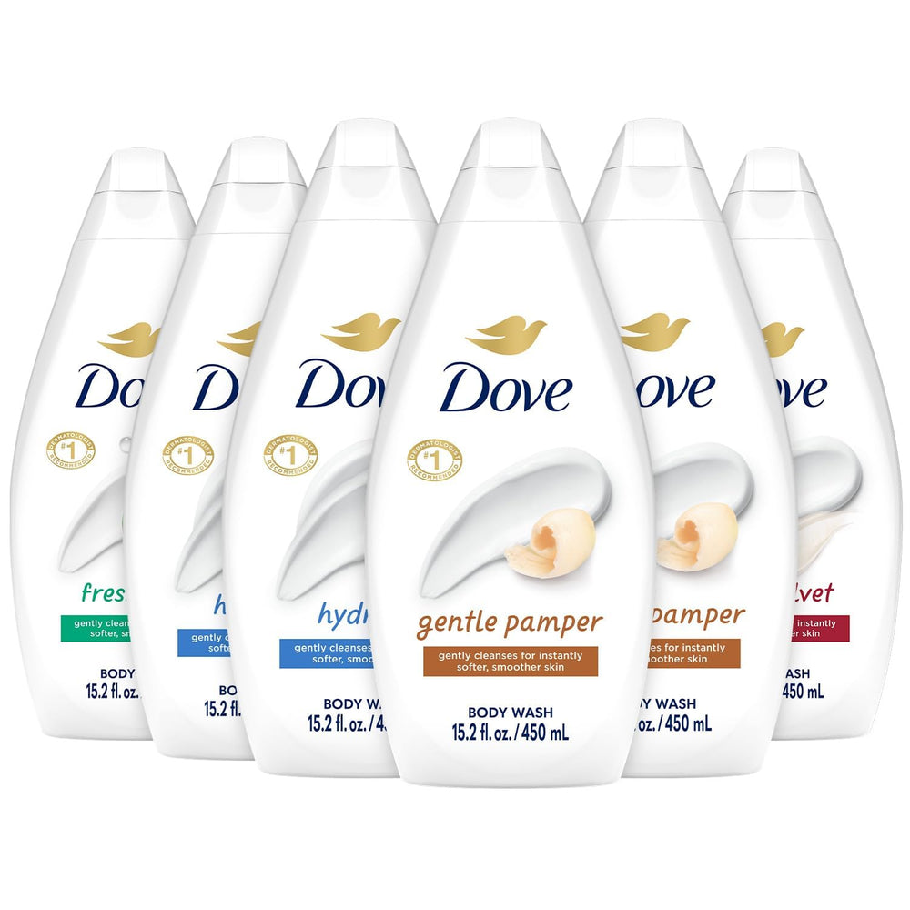 Dove Hydrate body wash bottle with rich lather for moisturized skin.