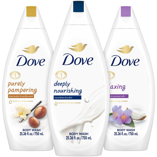 Dove Body Wash variety pack bottle pour for silky, hydrated skin.