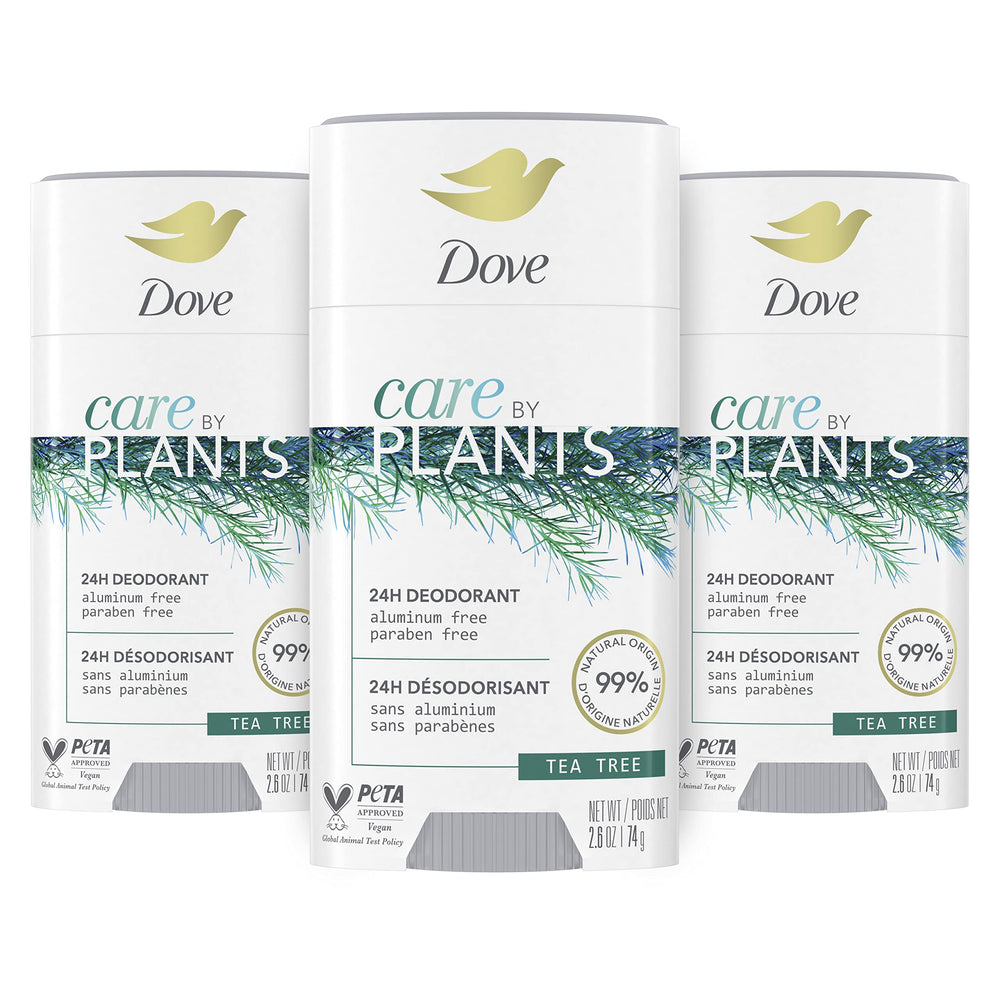Dove Care by Plants Tea Tree Deodorant Stick packaging highlights aluminum-free formula for gentle odor protection