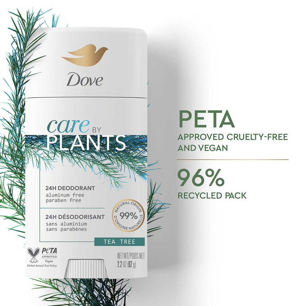 Dove Care by Plants Tea Tree Deodorant Stick packaging notes recycled materials