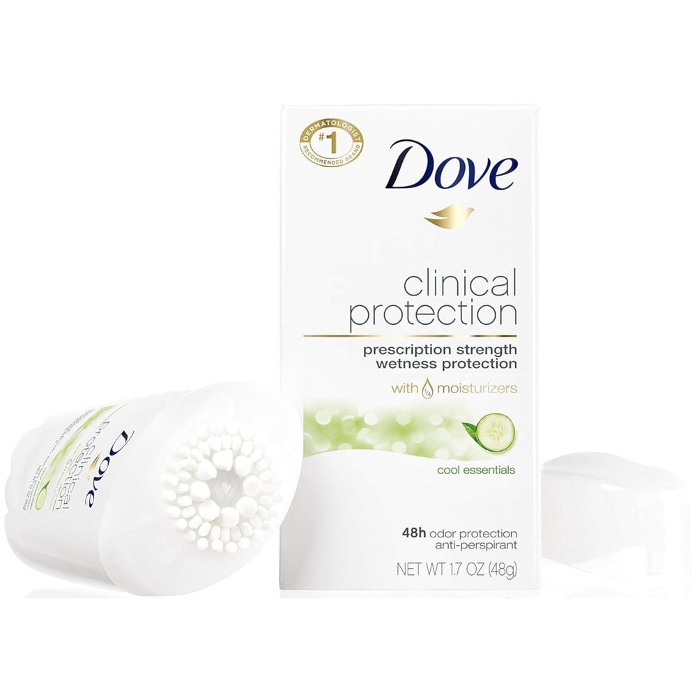 Dove Clinical Protection Cool Essentials six-pack with twist-base applicator for daily use.