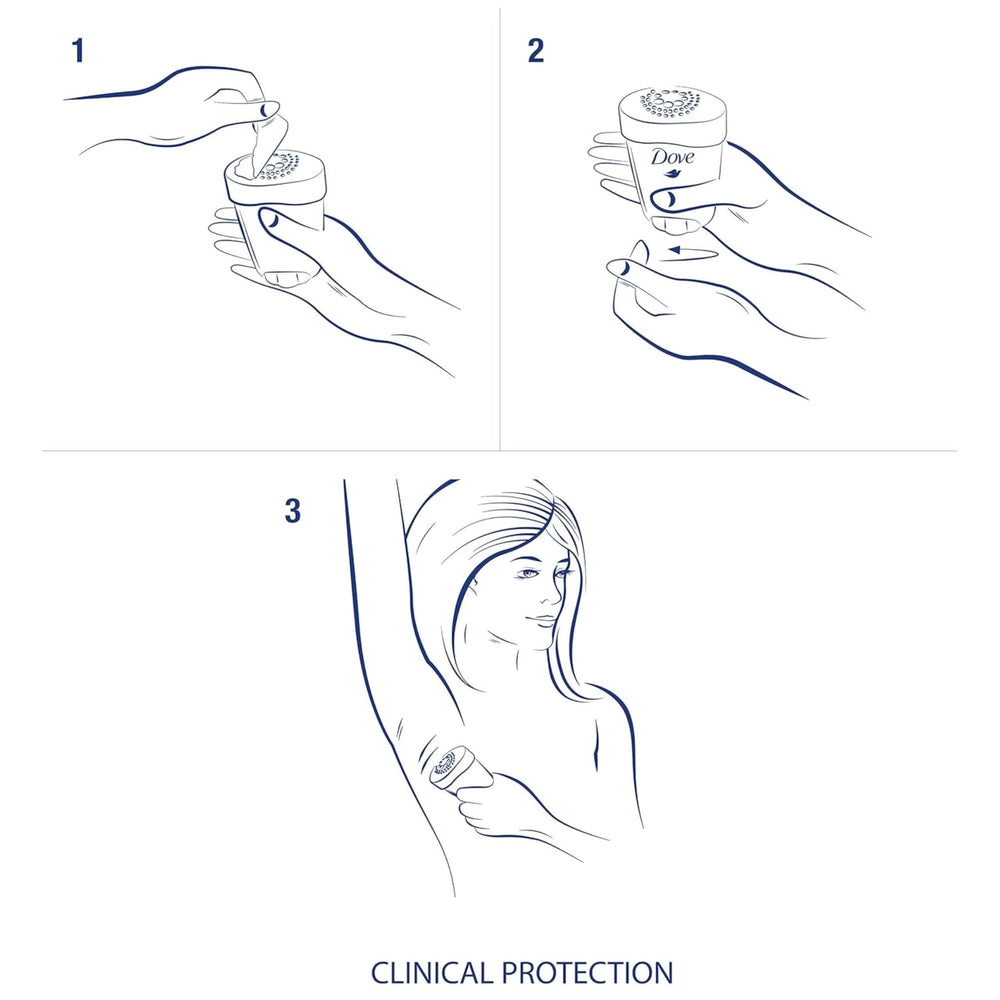 Pack of six Dove Clinical Protection sticks emphasizing 48-hour protection.