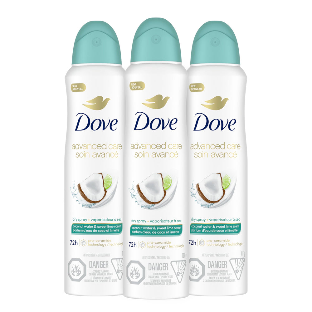 Dove Coconut Water & Lime Dry Spray bottle on display, fresh and ready to use.