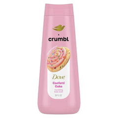 Dove Crumbl Confetti Cake body wash label close-up showing fragrance notes