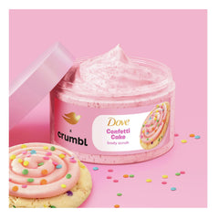 Close up of Dove Crumbl Confetti Cake scrub texture for gentle exfoliation.