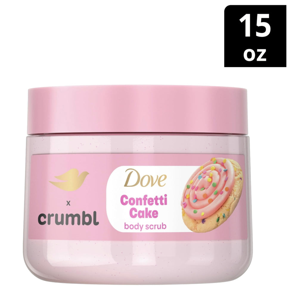 Dove Crumbl Confetti Cake wash bottle front view in a bright bathroom.