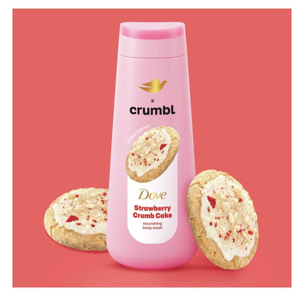 Dove Crumbl exfoliating scrub bottle with strawberry cookie scent and gentle exfoliation.