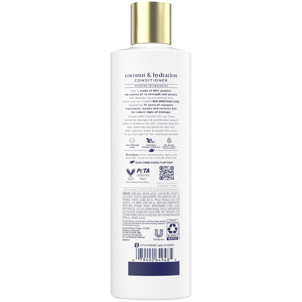 Close-up of Dove Damage Therapy Conditioner bottle emphasizing lightweight coconut formula for smoother hair.