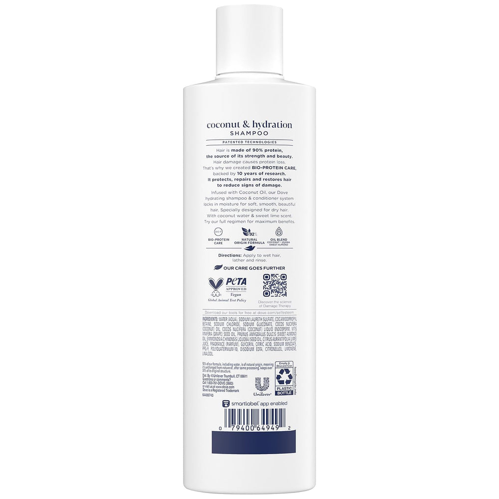 Dove Damage Therapy Shampoo 6-pack product shot highlights Hydration for dry hair.