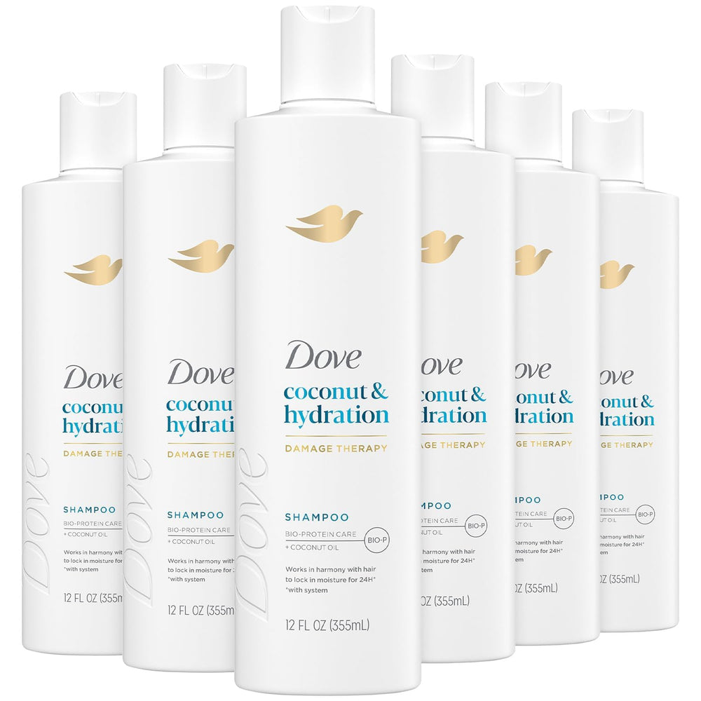 Dove Damage Therapy Shampoo 6-pack bottle close-up showing coconut hydration benefits.