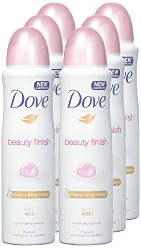 Close-up of Dove Beauty Finish label shows 0% alcohol and 24-48 hour protection.