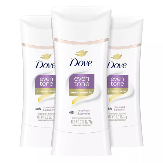 Dove Even Tone rosewood powder stick application offers a smooth glide for all day freshness.