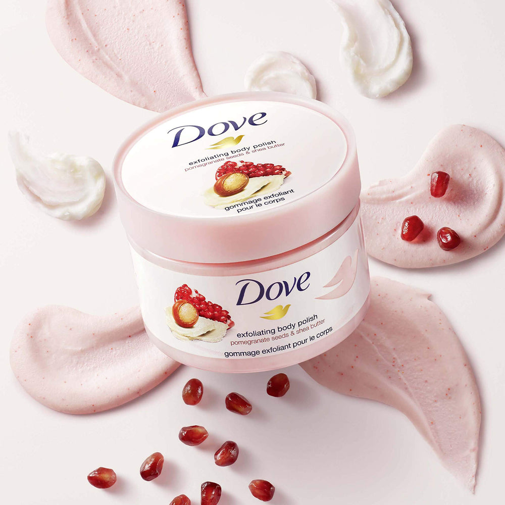 Dove Exfoliating Body Polish with pomegranate fragrance in shower