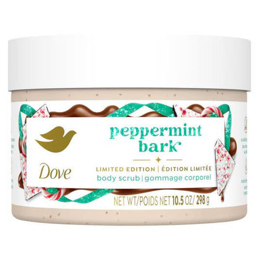 Dove Peppermint Bark scrub jar showing festive scent and nourishing feel