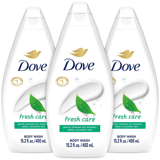 Dove Fresh Care Body Wash 3-Pack label close-up showing soothing scent.