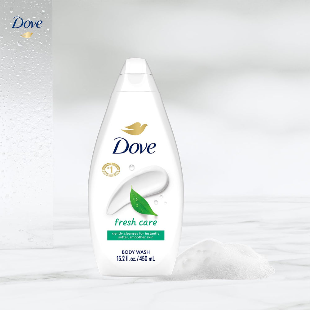 Packaging display of Dove Fresh Care on shelf highlighting moisturizing formula.