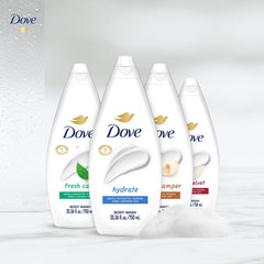 Dove Fresh Care bottle shows refreshing scent and clean rinse for mornings.