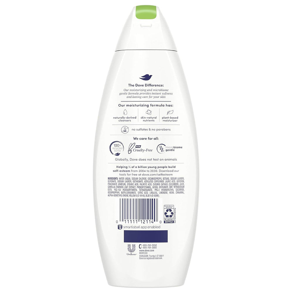 Close-up of Dove Go Fresh Cucumber & Green Tea bottle with refreshing scent.