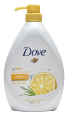 Dove Go Fresh Energize bottle pump showing convenient 1L packaging for daily showers