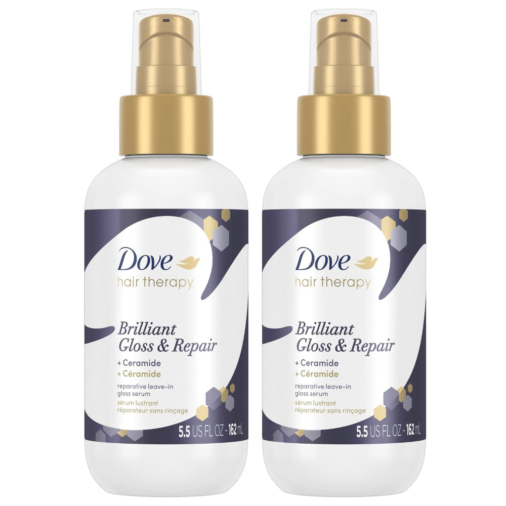 Dove Hair Therapy Brilliant Gloss bottle showing ceramide repair for shiny, smooth hair