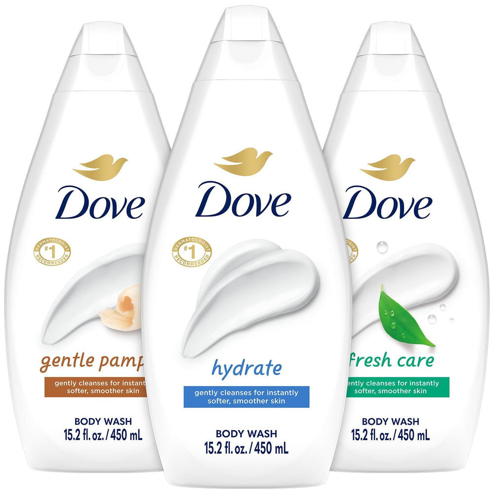 Dove Hydrate bottle pour shows moisturizing action for dry skin after shower