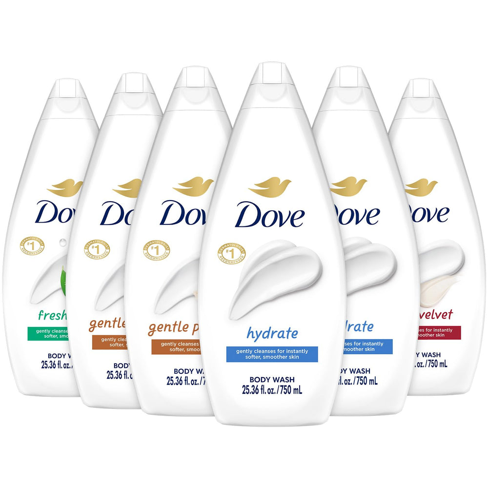 Dove Hydrate bottle with rich lather for deeply moisturized skin in shower.