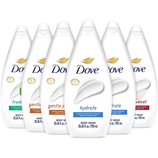 Dove Hydrate bottle with rich lather for deeply moisturized skin in shower.