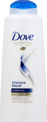 Dove Intensive Repair Shampoo label close-up, highlighting Nutri-Keratin Repair Actives.